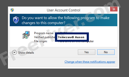 Screenshot where Temezavdi Auson appears as the verified publisher in the UAC dialog